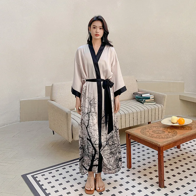 New Nightgown Women's Spring and Summer Thin Section Ice Silk Satin Atmosphere National Style Luxury Lace Morning Robe Bathrobe