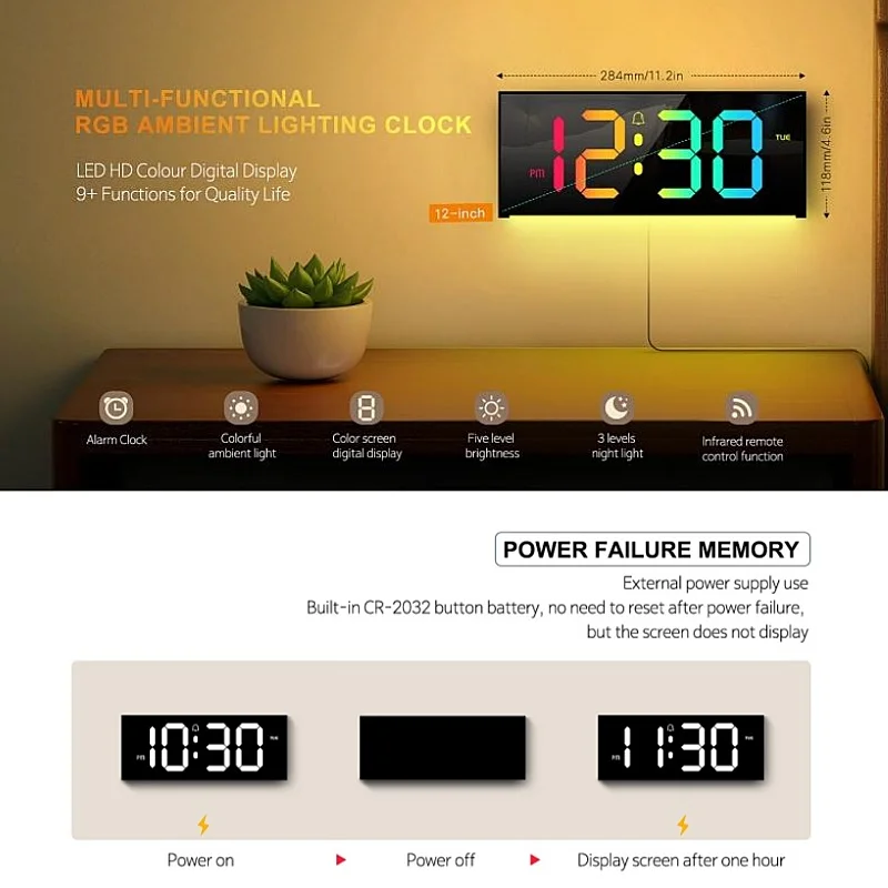 Настенные цифровые часы с дистанционным управлением RGB