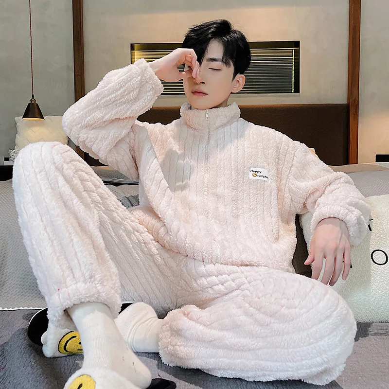 Stand Collar Pajamas Men's Winter Long Sleeve Sleepwear Pants Coral Fleece Thickened Warm Flannel Pajamas Men Home Clothes Suits