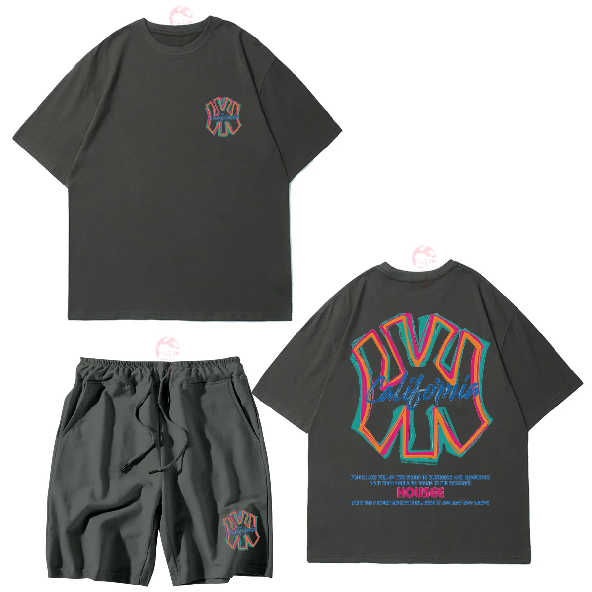 Korean Street  Summer Cotton Men T-shirt Shorts Sports Suit 2-piece Brand Pattern Printed Unisex Short Sleeve Suit Free Shipping