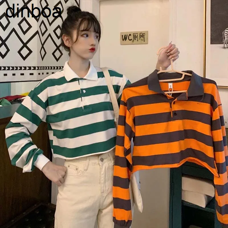 

Женская укороченная футболка-поло с длинным рукавом, в полоску