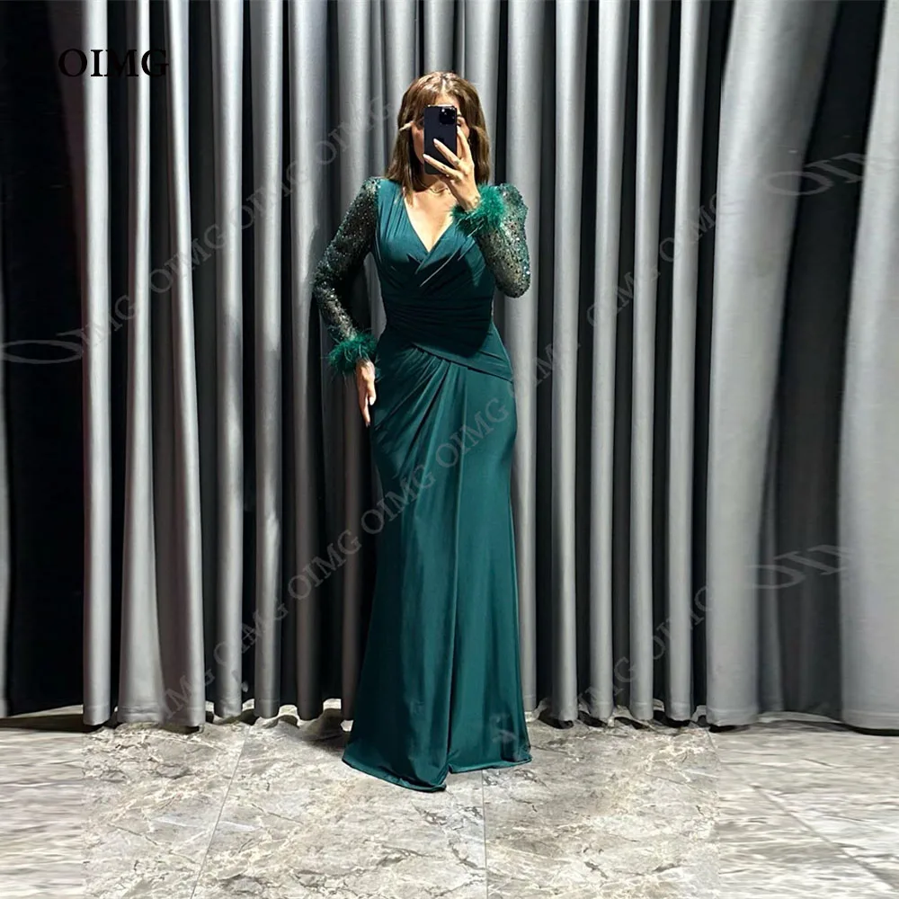 

OIMG Saudi Arabia Green Formal Night Prom Dress V Neck Full Sleeves Long Sequins Beach Evening Gowns Dresses Robe De Soiree