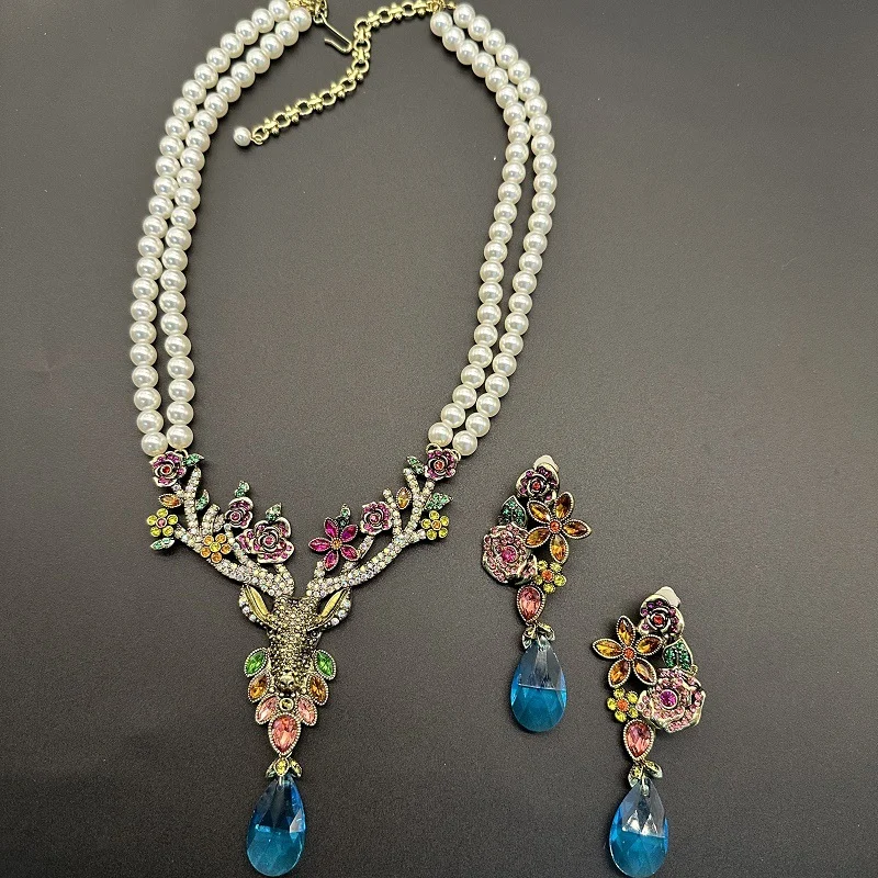 

Timeless Wonder Fancy Pearl Zircon Deer Floral Necklace for Women Designer Jewelry Rare Trendy Gift Set Goth Top Mediaeval 5231