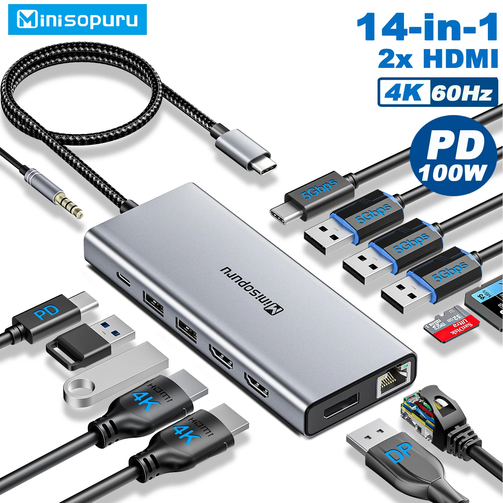 Minisopulu-концентратор USB C 4K 2 HDMI USB Тип C к DP RJ45 Мульти USB A порты PD 100 Вт SD/TF Mic/аудио адаптер для Windows ноутбука USB типа 3.0 USB HUB