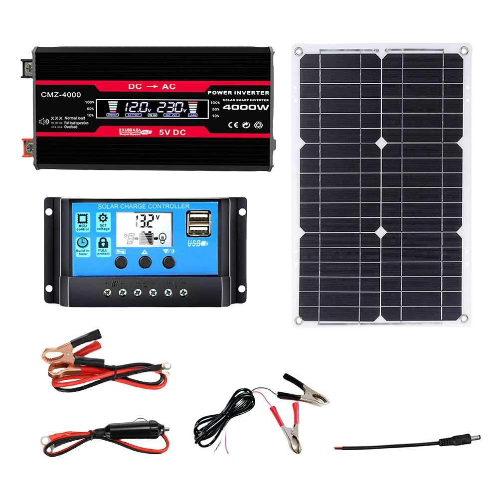 

12V to 110V/220V Solar Panel System 18W Solar Panel Battery Charge Controller 4000W Solar Inverter Kit Complete Power Generation