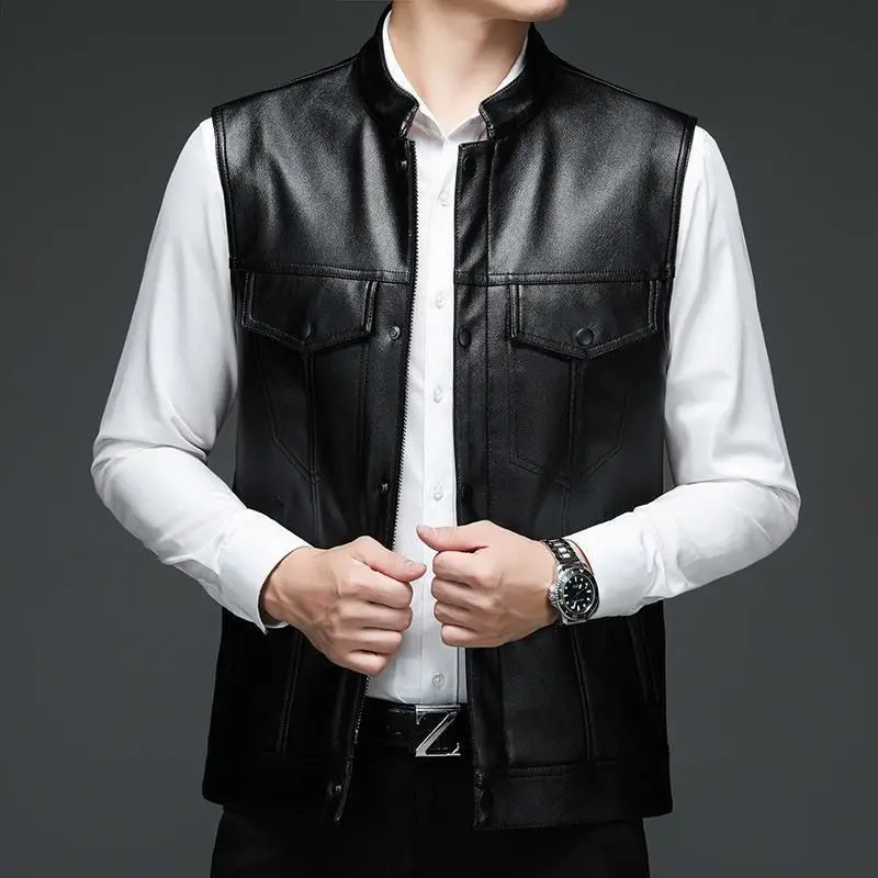 

Men 2023 Autumn Fashion Motorcycle Leather Vest Male Solid Color Sleeveless Biker Jackets Men Casual Pocket Vest Coats U148