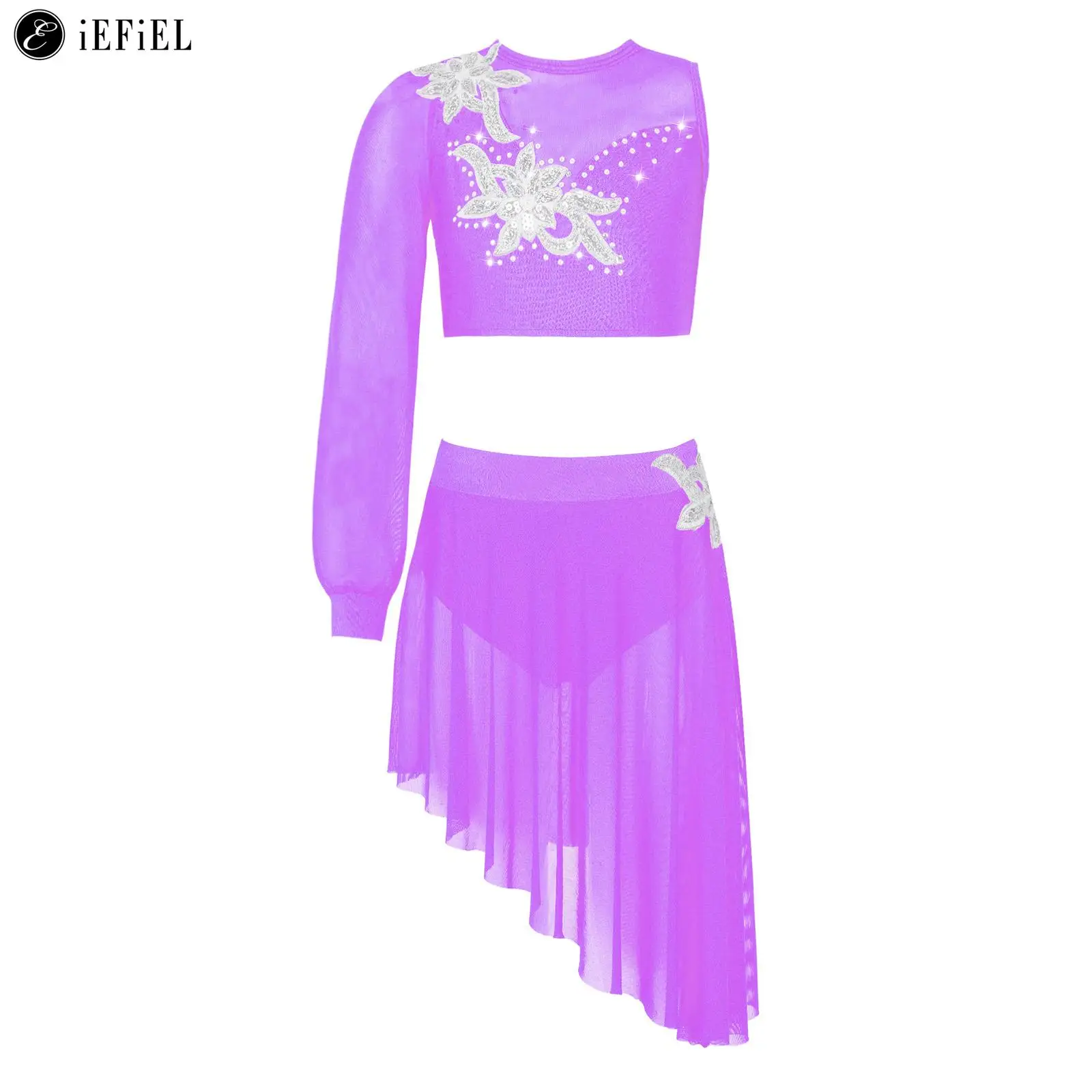 

Kids GIrls Beaded Dance Outfit One Shoulder Flower Rhinestone Crop Tops with Irregular High Low Skirt Ballerina Dancewear
