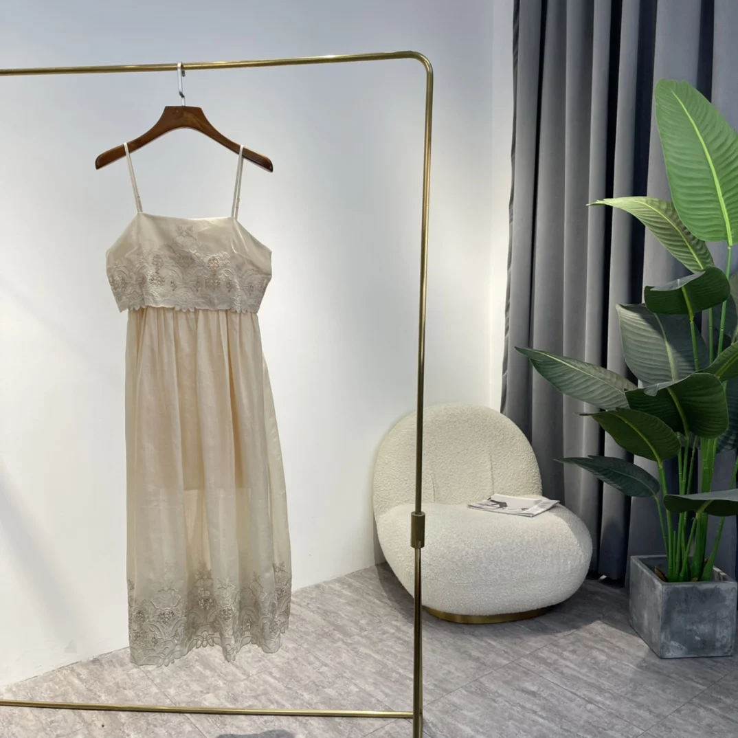 

2022 New Summer Flower Emboridery Hollow Out Lace Patchowork 100% Ramie Violet Beige Mid-calf Strapless A-line Slip Dresses