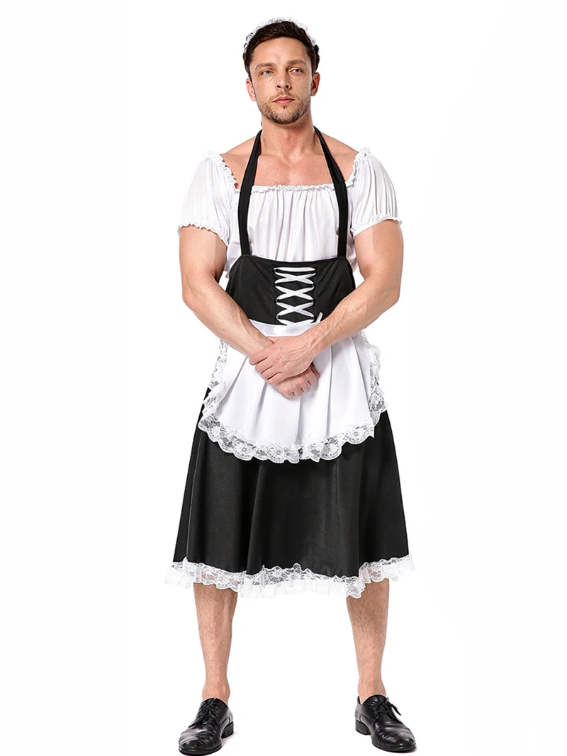 

Mens Male Sissy French Maid Uniform Fancy Sexy Funny Costume Clubwear Parties Dress with Choker and Headband Festival Clothing