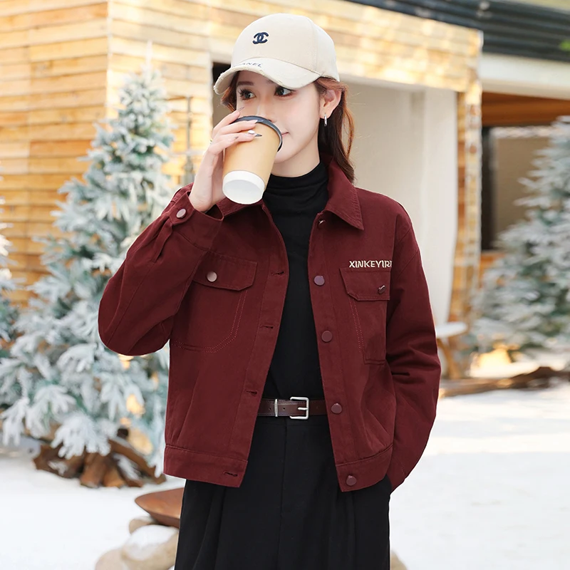 Fleece-lined Thick Baseball Uniform Outwear Women's Winter 2025 New Arrival Small Casual Short Denim Jacket Tops |