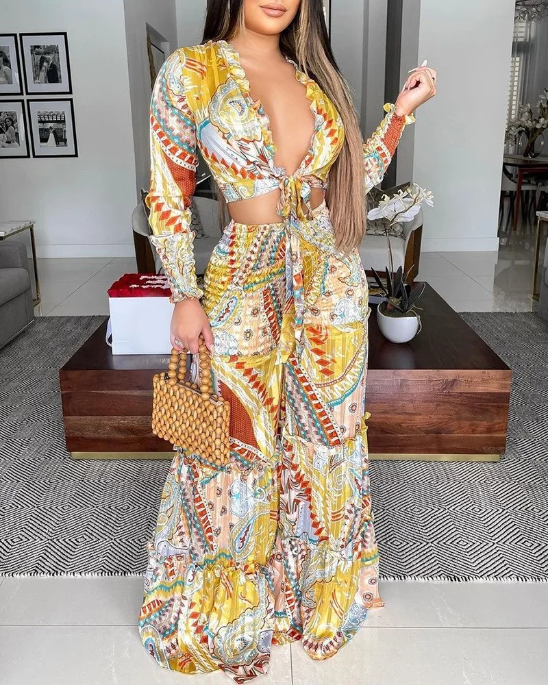 

2022 Autumn Bohemian High-end Sexy Chiffon V-Neck Full Sleeve Group Long Wide Leg Pants Slim Women 2 Piece Set