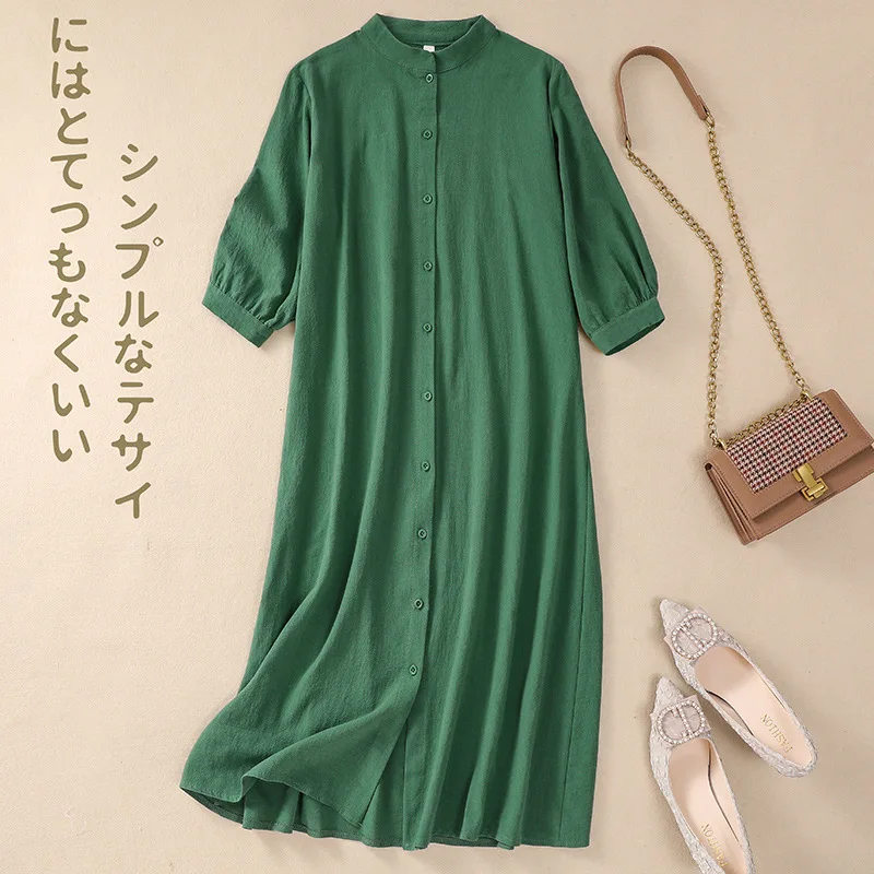 

Cotton Linen Shirt Japanese Women Mid Length Linen Robe Literary Large Size Linen Dress Vestidos