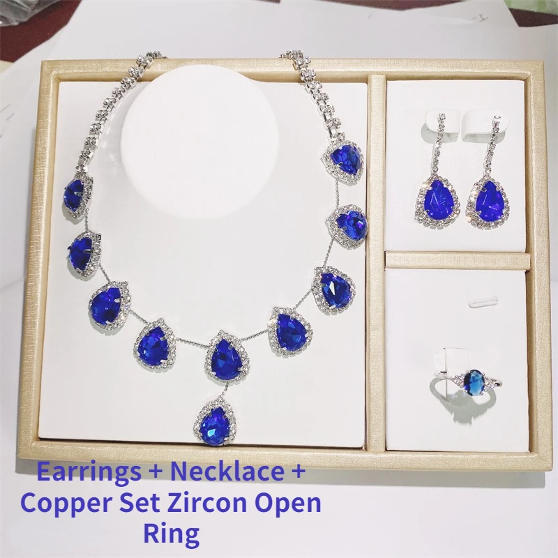 

Fashion Ladies Jewelry Set Blue Waterdrop Rhinestone Necklace with Silver Inlaid Zircon Pendant Premium Luxurious Accessories