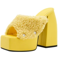 soft fur open toe summer slides shoes outdoor block high heel sandals slip on for women fashion platform size 43