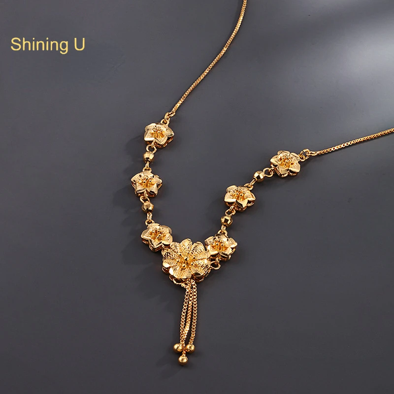 

Shining U Golden Floral Tassel Necklace 24K Gold Color Fashion Jewelry for Women Wedding Anniversary Gift