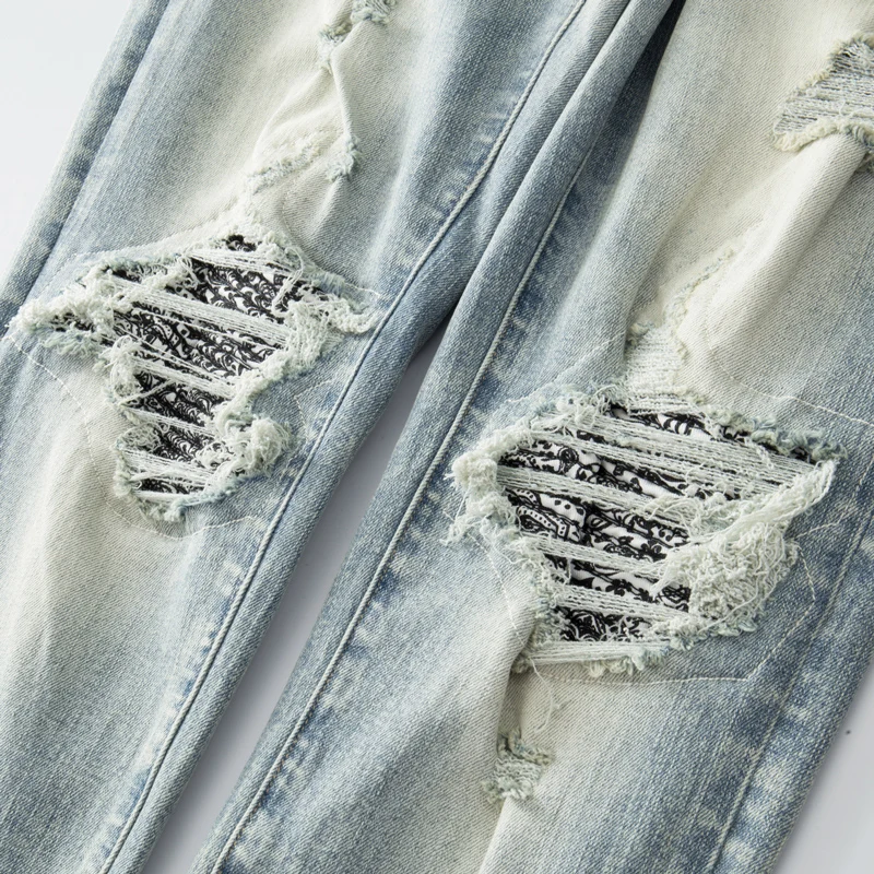 High Street Fashion Men Jeans Retro Washed Elastic Stretch Skinny Ripped Jeans Men Paisley Patched Designer Hip Hop Brand Pants