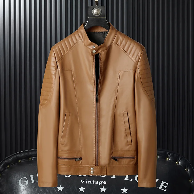 

Slim Men Leather Jackets Stand Collar Male Jacket Faux Leather Classical Solid Color Anti-wind Motorcycle Winter Suede Coat