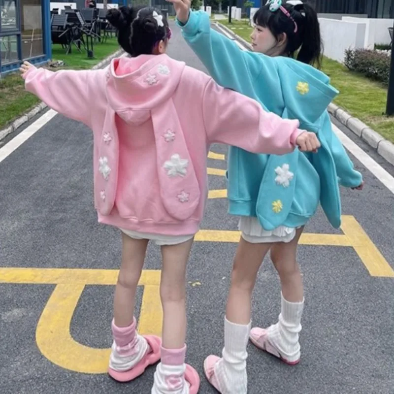 Японская милая студенческая толстовка с кроличьими ушками кардиганы на молнии