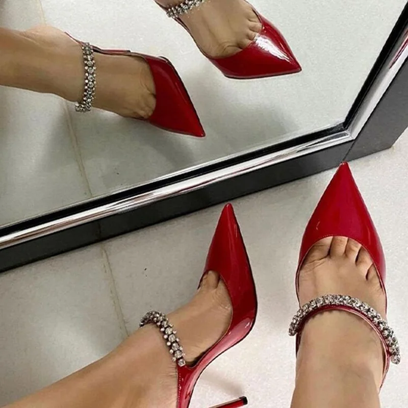 New Burgundy Velvet Crystal Strap High Heel Mules Pointed Toe Low Heels Dress Shoes Cut-outs Lady Party Celebrating Shoes