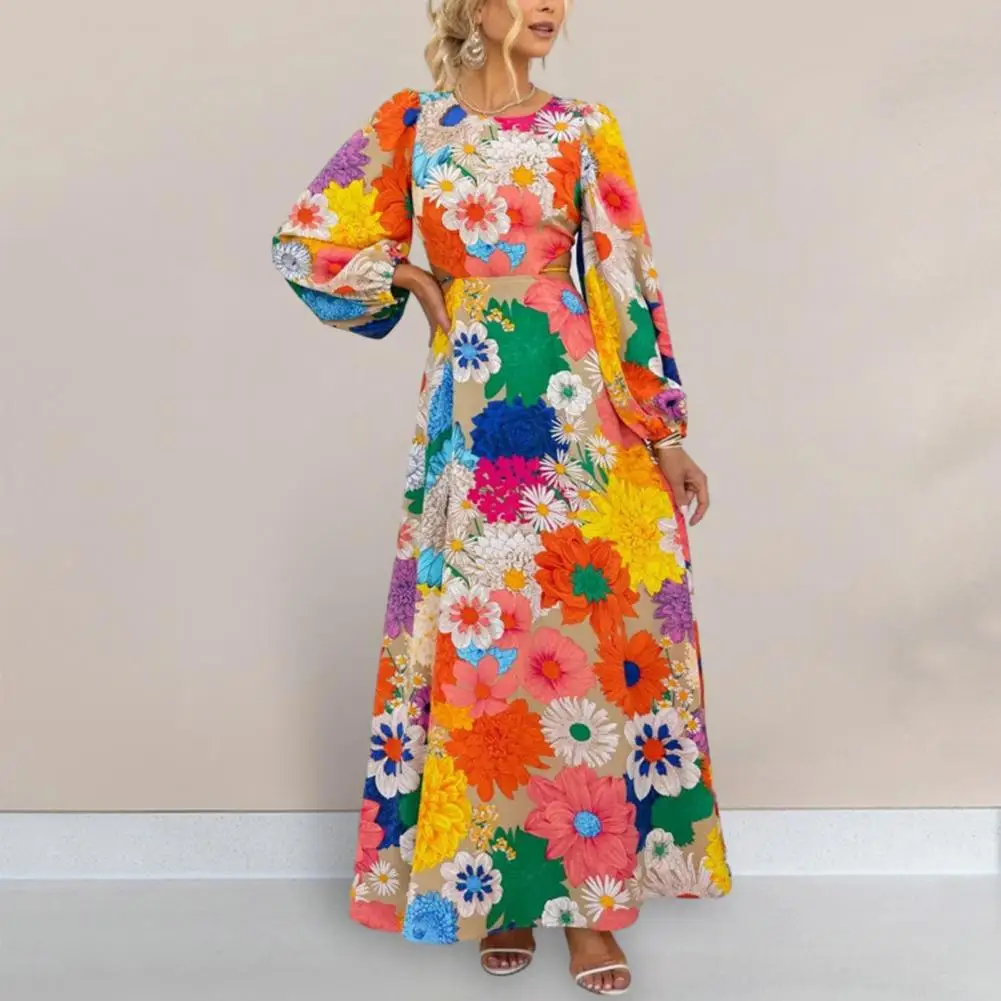 

Женское платье-макси с цветочным принтом, разноцветное длинное платье-трапеция с рукавами-фонариками, завязками и узкой талией, круглым вырезом, свободным подолом и высокой талией