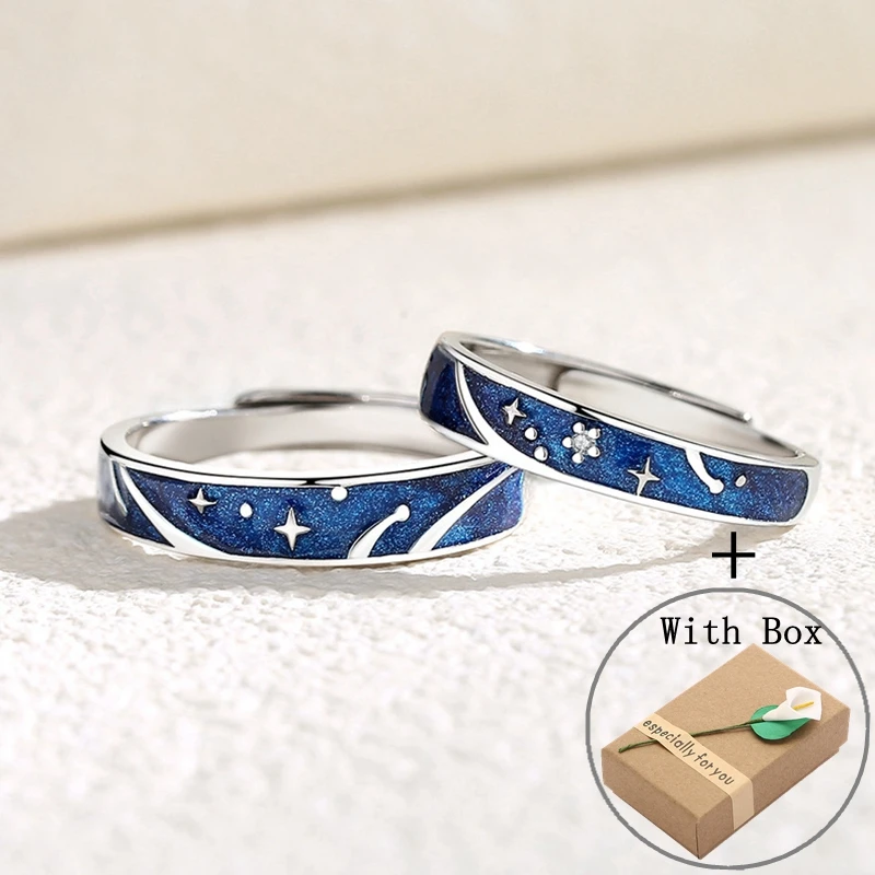 Silvology Real 925 Sterling Silver Stars Meteor Couple Rings for Women Men Starry Sky Enamel Romantic Valentines Day Jewelry