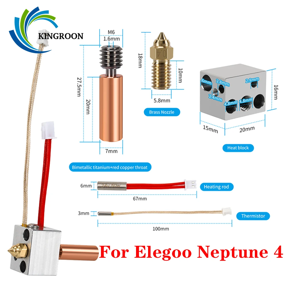 Набор для 3D-принтера Elegoo Нептун 4, Модернизированный медный металлический нагревательный блок, латунная сопла, нагревательный стержень, термистор