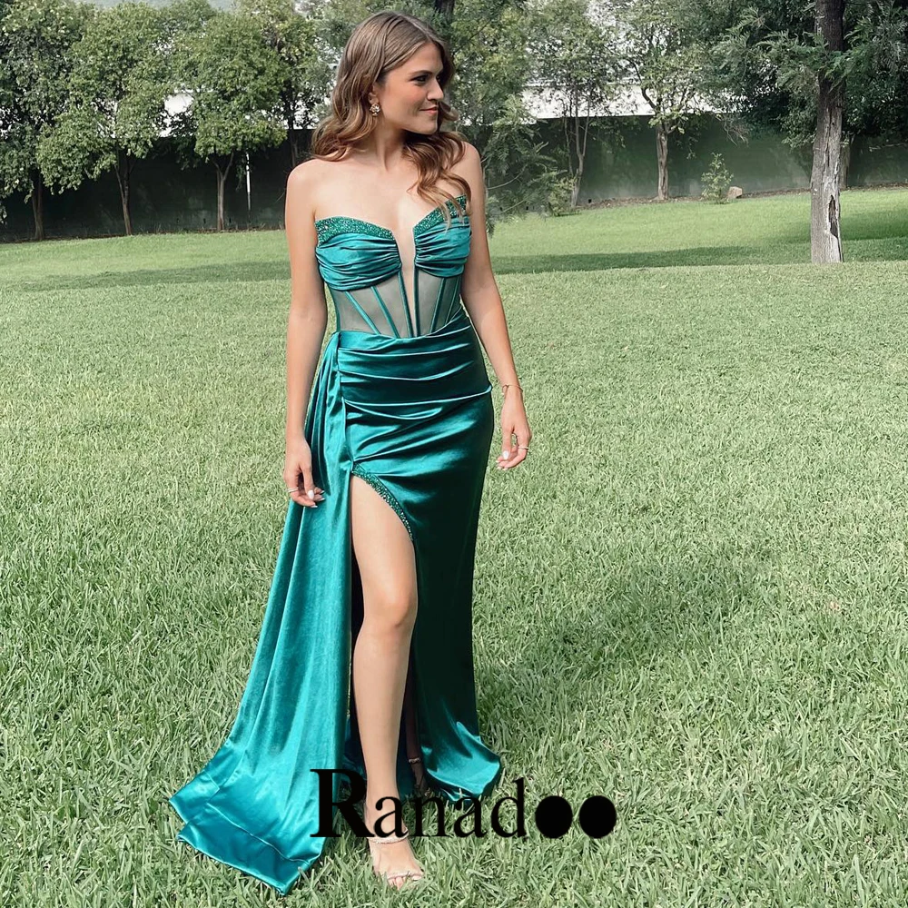 

Ranadoo Formal Satin Evening Dresses Woman Elegant High Side Slit Illusion V Neck Zipper Mermaid Pleats Court Train Personalised