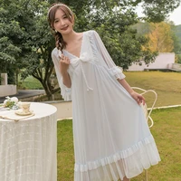 retro court style bow modal nightdress womens spring autumn sweet lace mesh fairy princess home dress lady nightgown skirt