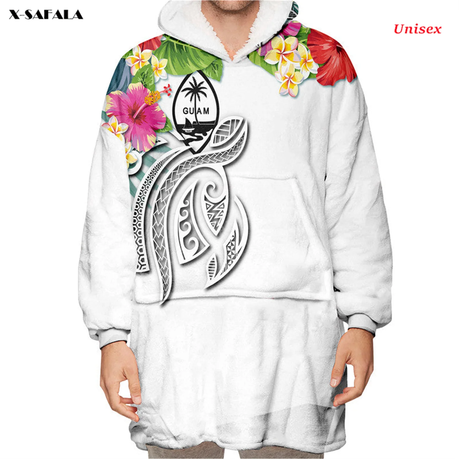 Guam Polynesian Plumeria  3D Print Winter Oversized Hooded Wearable Blanket Robes Thicker Flannel Pocket Men Female Sleepwear