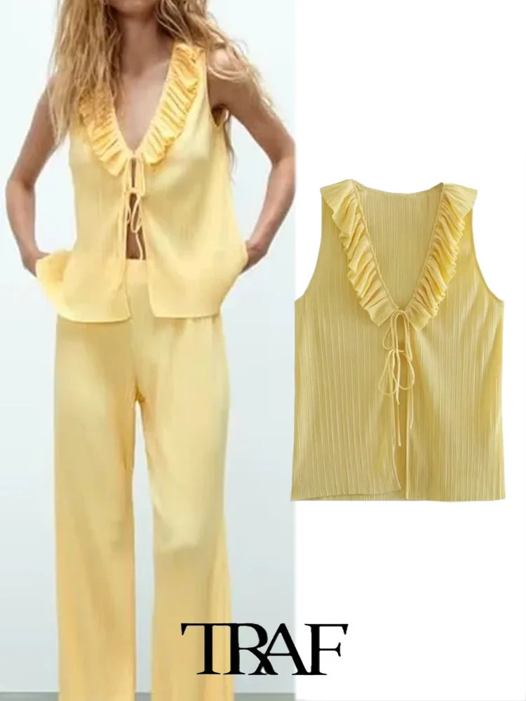 

Женская плиссированная футболка без рукавов, с многослойным украшением