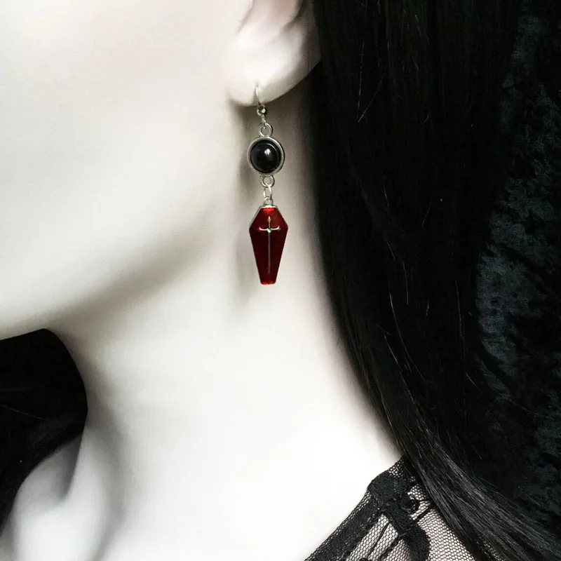Gothic Coffin Earrings Red Enamel Black Stone Cross Earrings Wedding Party Holiday Gift For Men And Women Everyday Jewellery