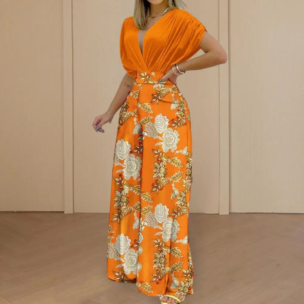 

V-neck Tops High Waist Pants Set Stylish Women's 2-piece Set V-neck Pleated Tops High Waist Wide Leg Floral for Fashionable