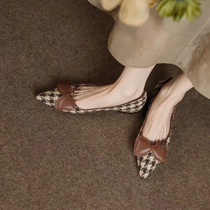 Ladies Bow Pointed Toe Office Flats Women Low Heels Dress Shoes Plaid Suide Boat Shoes zapatillas mujer