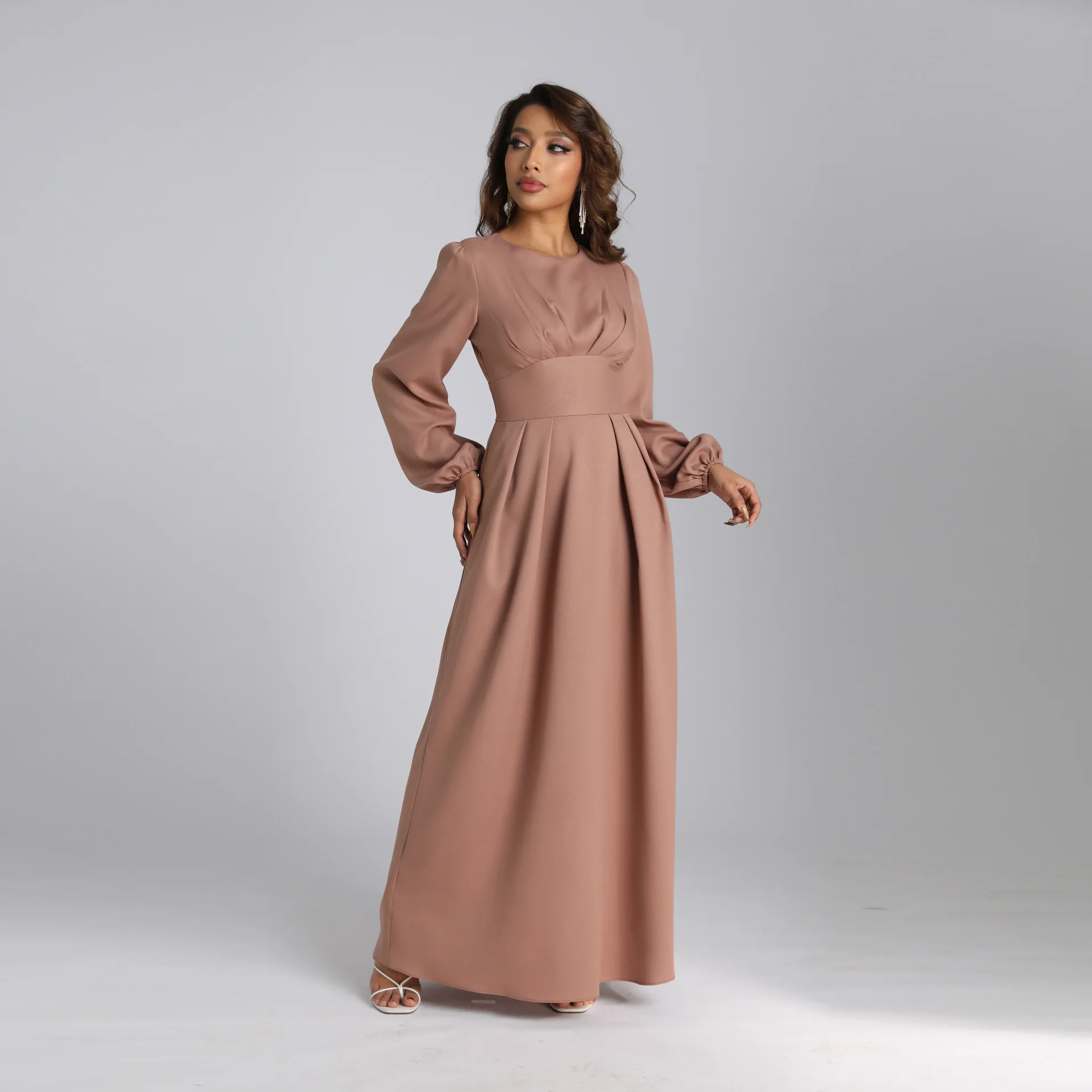 Muslim Dress Women Middle East Robe Femme Musulmane New Arab Slim Waist Solid Color Elegant Dresses Dubai Abayas For Women