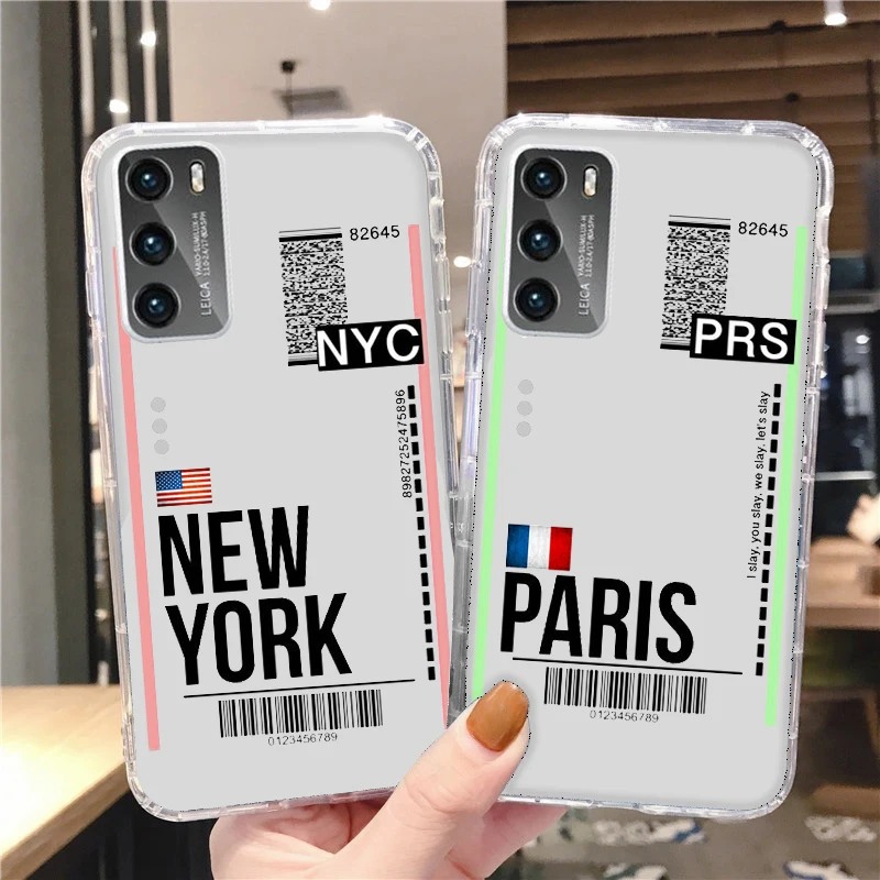 

Air ticket USA city London Paris Tokyo transparent phone case for huawei honor mate p30 p20 p50 p40 50 8x 9c 8a lite pro plus