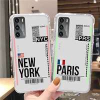 air ticket usa city london paris tokyo transparent phone case for huawei honor mate p30 p20 p50 p40 50 8x 9c 8a lite pro plus