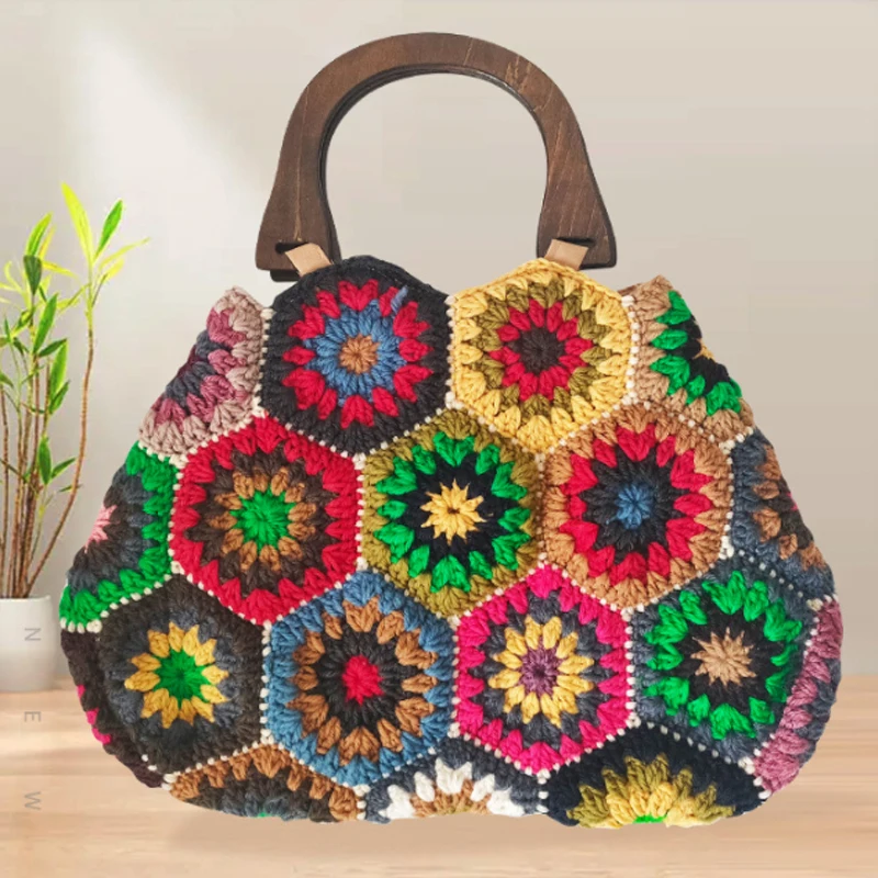 

Fashion Woolen Woven Tote Beach Handbag Floral Handmade Weaving Shoulder Bags Hand Crochet Bag Flower Shopper Bag