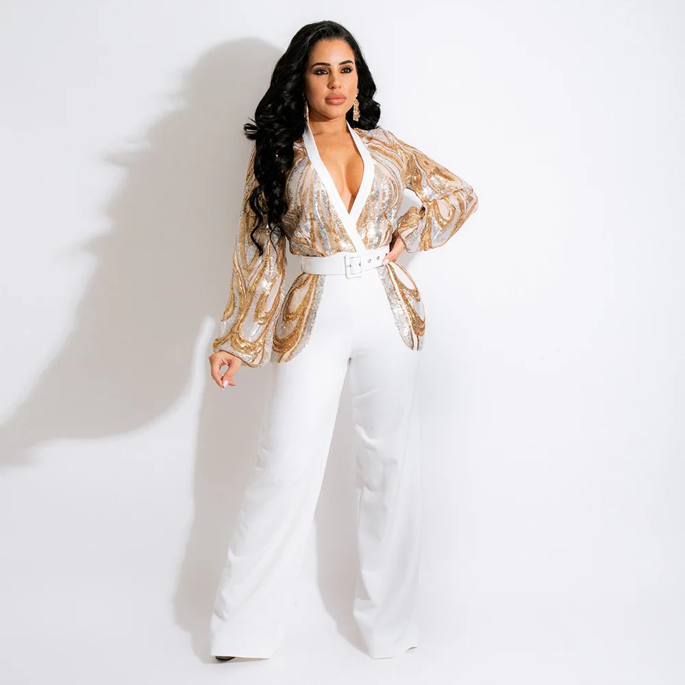 

Wide Leg Formal Overalls Sexy Women Deep V-neck High Waist Belted Elegant Wide Leg Long Sleeve Sequins Party Jumpsuit Rompers