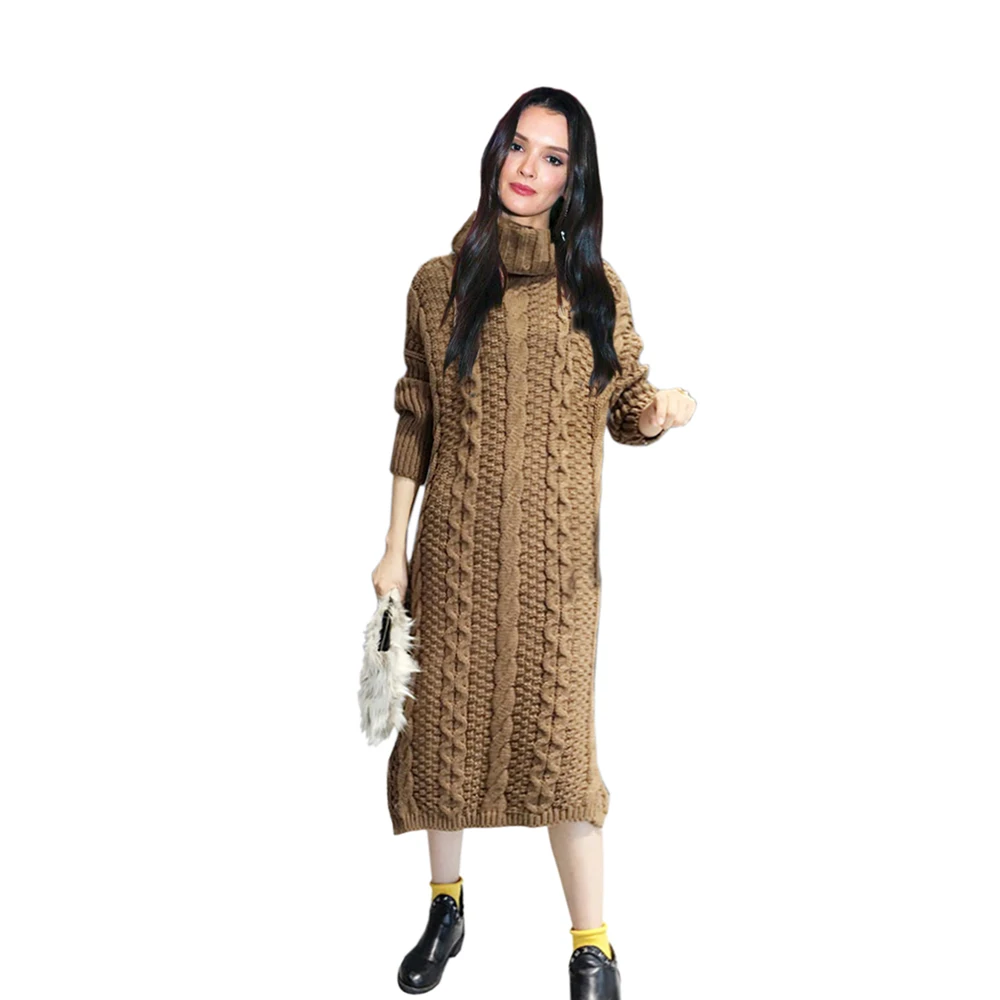 Осень 2022 длинное вязаное платье-свитер с высоким воротником Модный пуловер