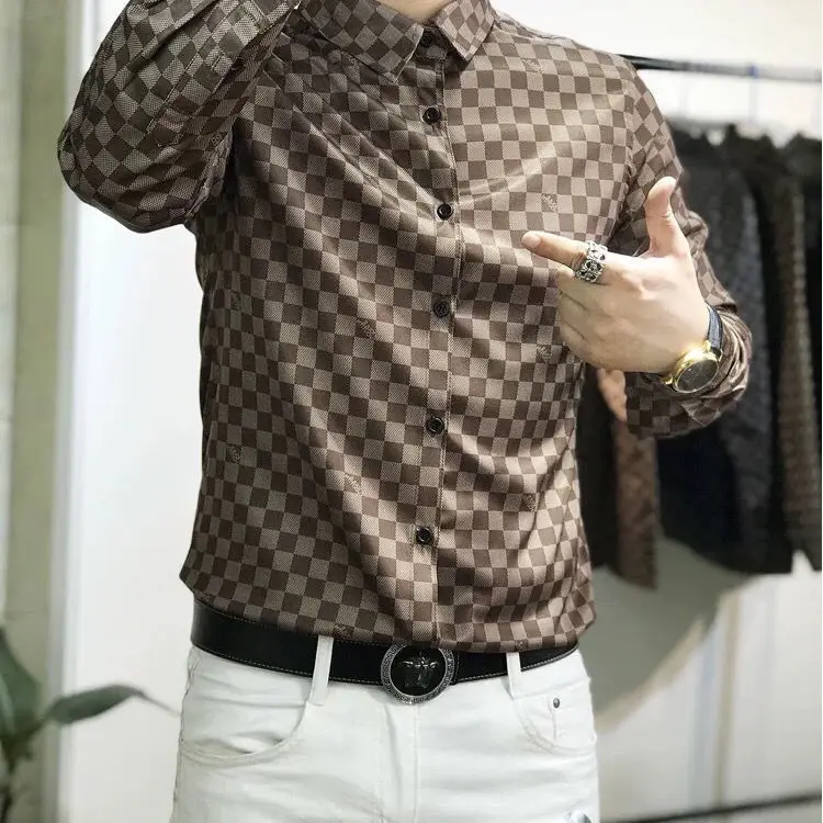 

Long sleeved shirt Large Print handsome casual men's Plaid Shirt