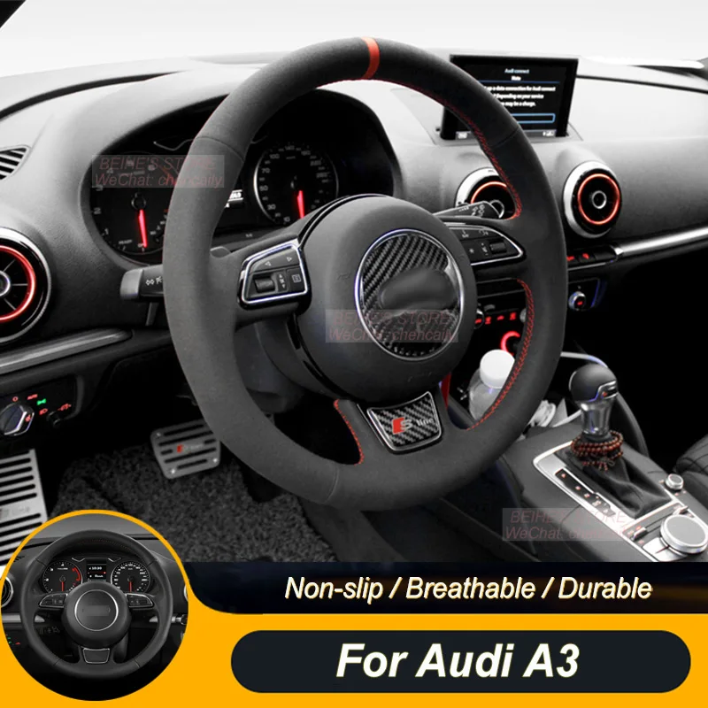 Customized Non-slip Durabl Black Suede Car Steering Wheel Cover For Audi A3