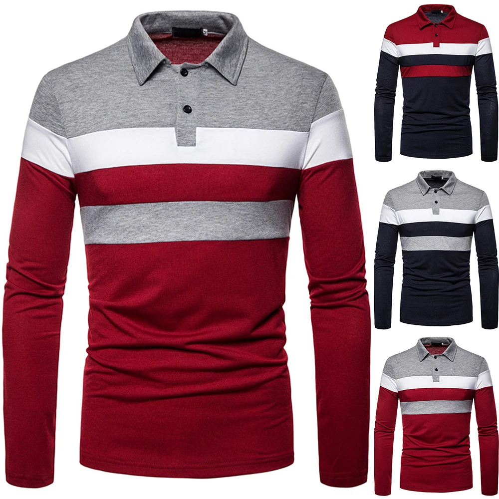 

Men's Top Polo Autumn Long Sleeve Button Up Colourblock T Shirt Casual Shirt Tops Color Patchwork Polo Shirt for Men