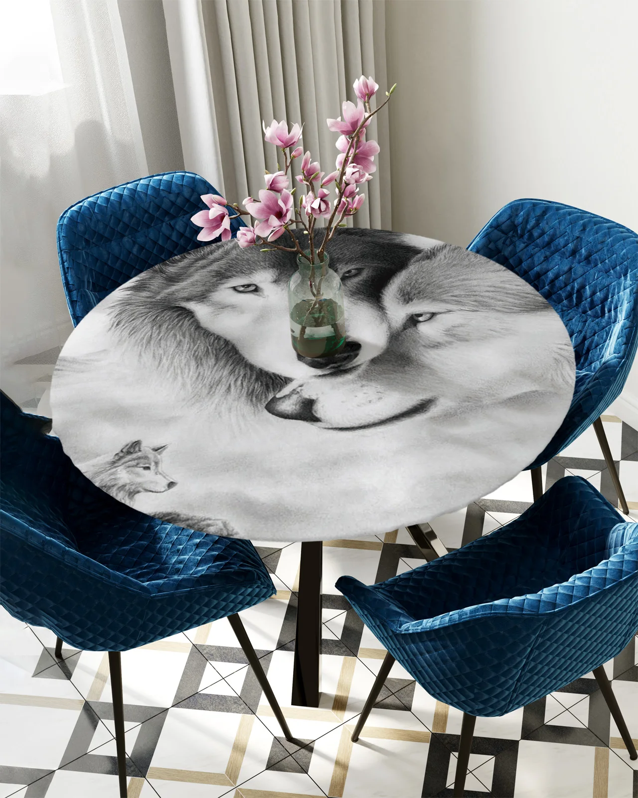 

Круглая прямоугольная скатерть с изображением волка, водонепроницаемая эластичная скатерть для гостиной, украшение для дома