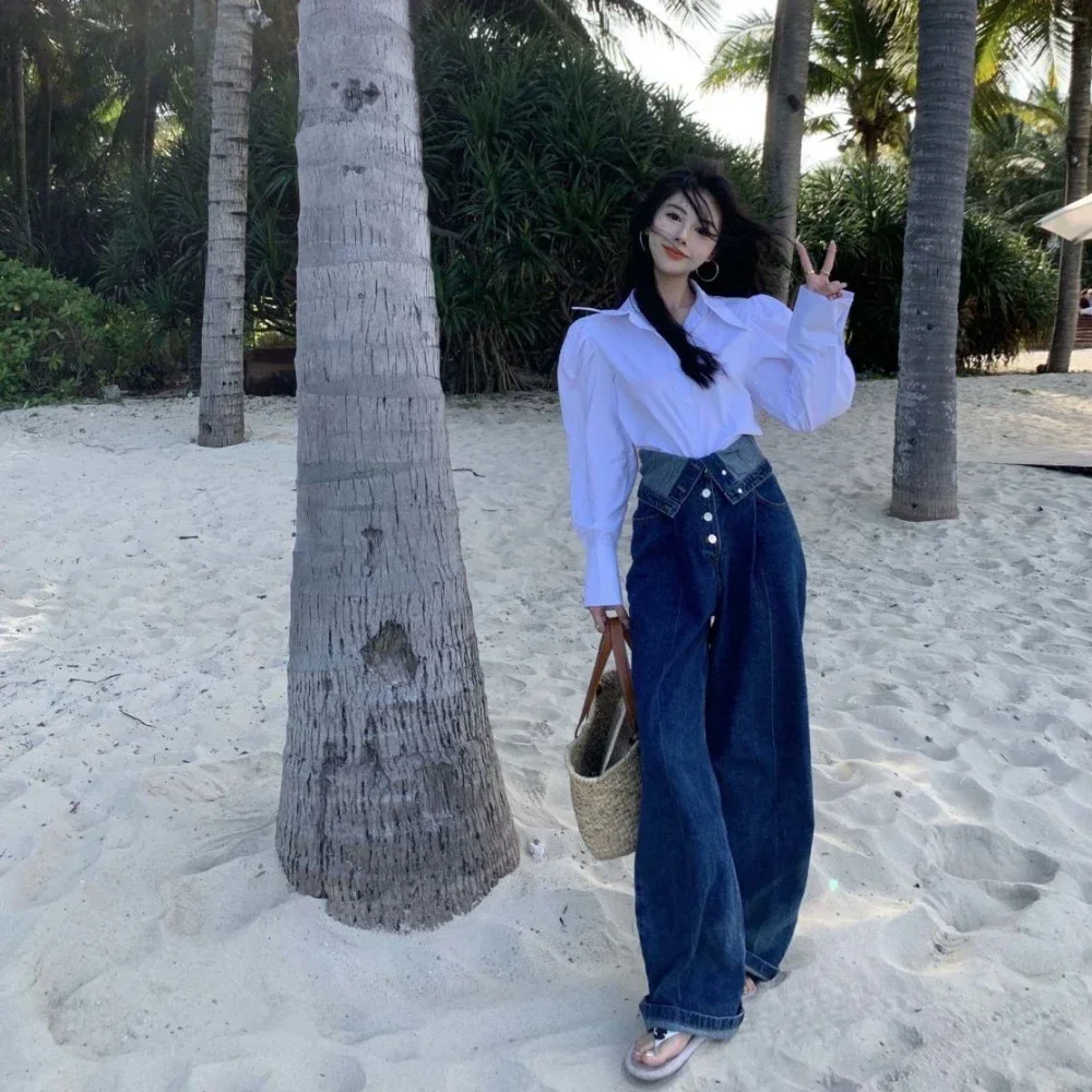 Женские джинсы с карманами синие прямые брюки высокой талией