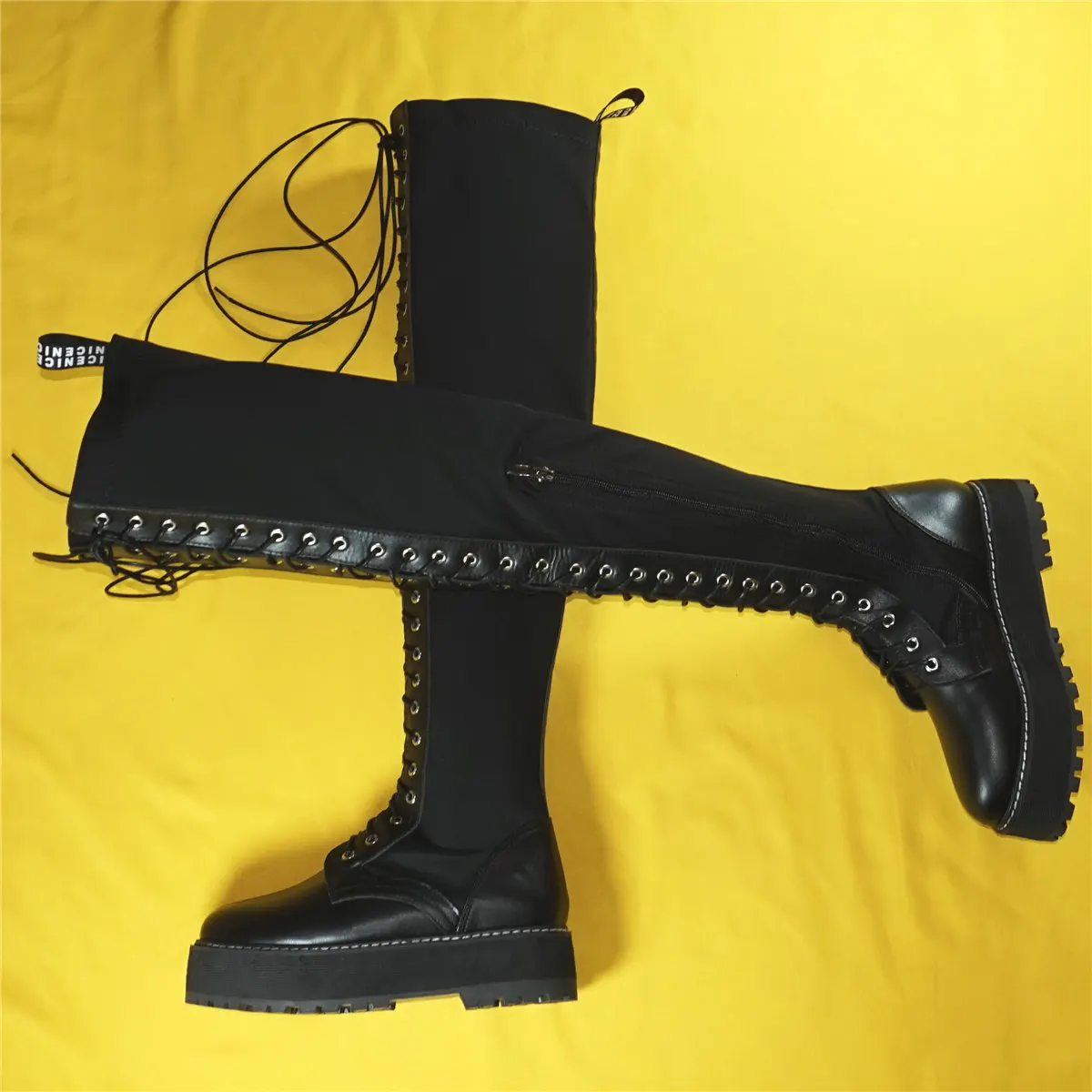 Chunky Platform Pumps Women Lace Up Stretch Fabric Over The Knee Thigh High Boots Female Round Toe Fashion Sneakers Casual Shoes