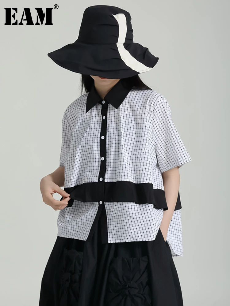 

[EAM] Women White Plaid Big Size Casual Blouse New Lapel Half Sleeve Loose Fit Shirt Fashion Tide Spring Summer 2023 1DF8728