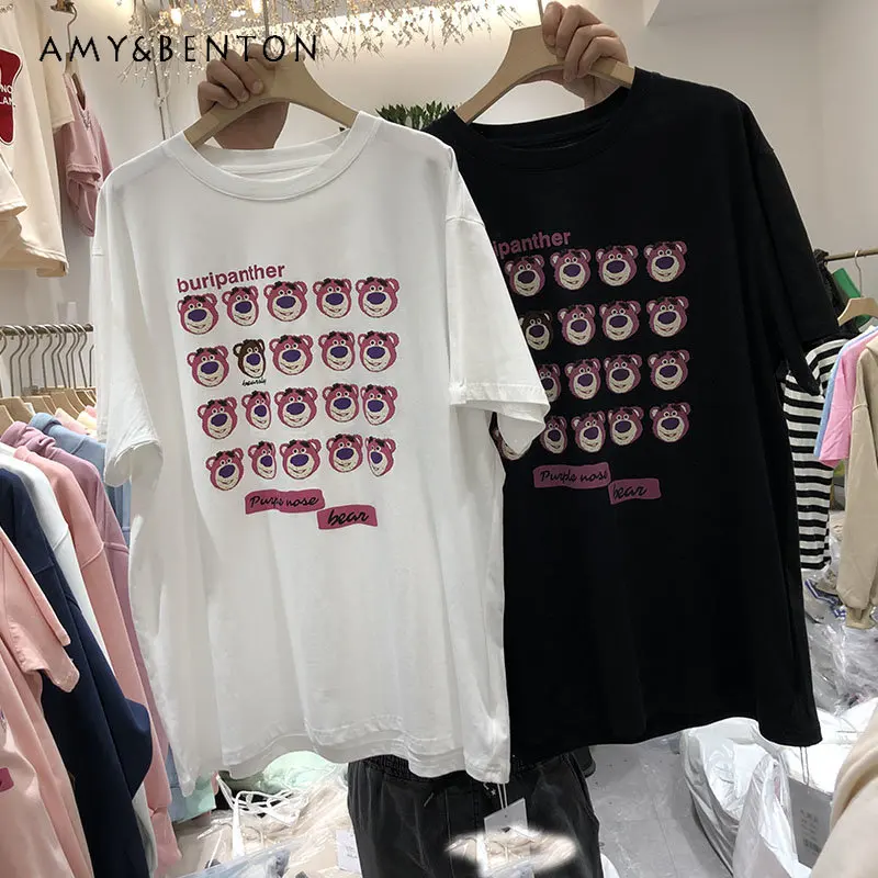 

Student Minimalist Cartoon T-shirts Short Sleeve 2023 Summer Pullover Loose Leisure All-Matching Niche Top Thin Tshirt Top Mujer