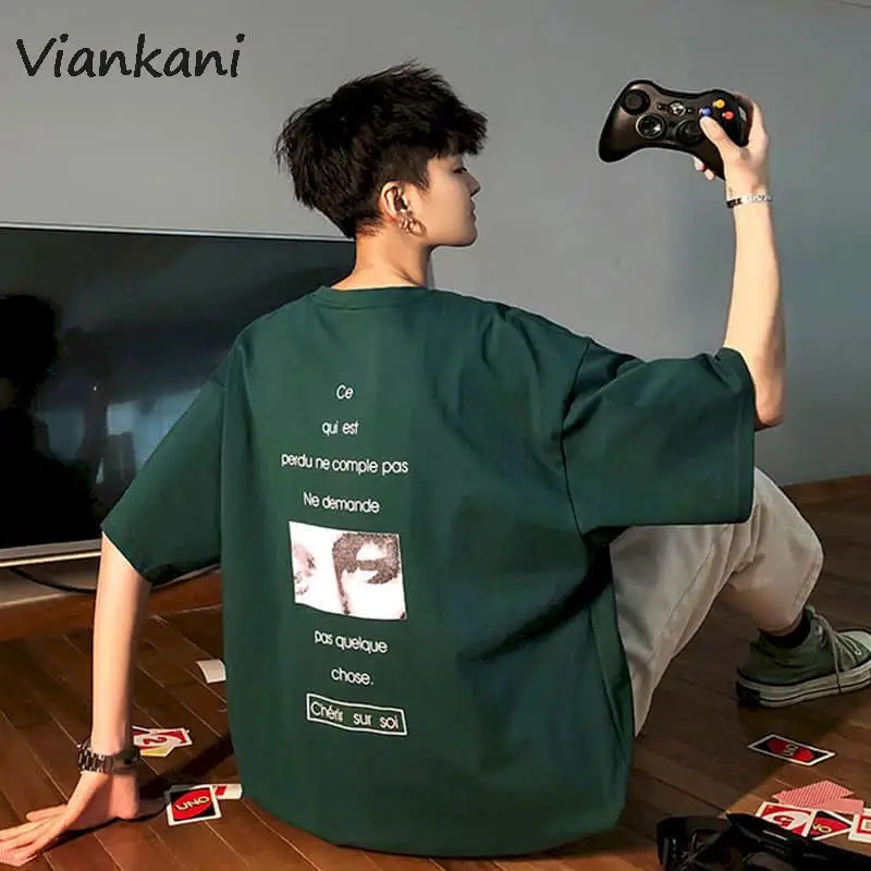 

Unisex T-shirt Korean Hip-hop Print Short-sleeved Top Men Women High Street Oversize Harajuku O-neck Green Streetwear T-shirts
