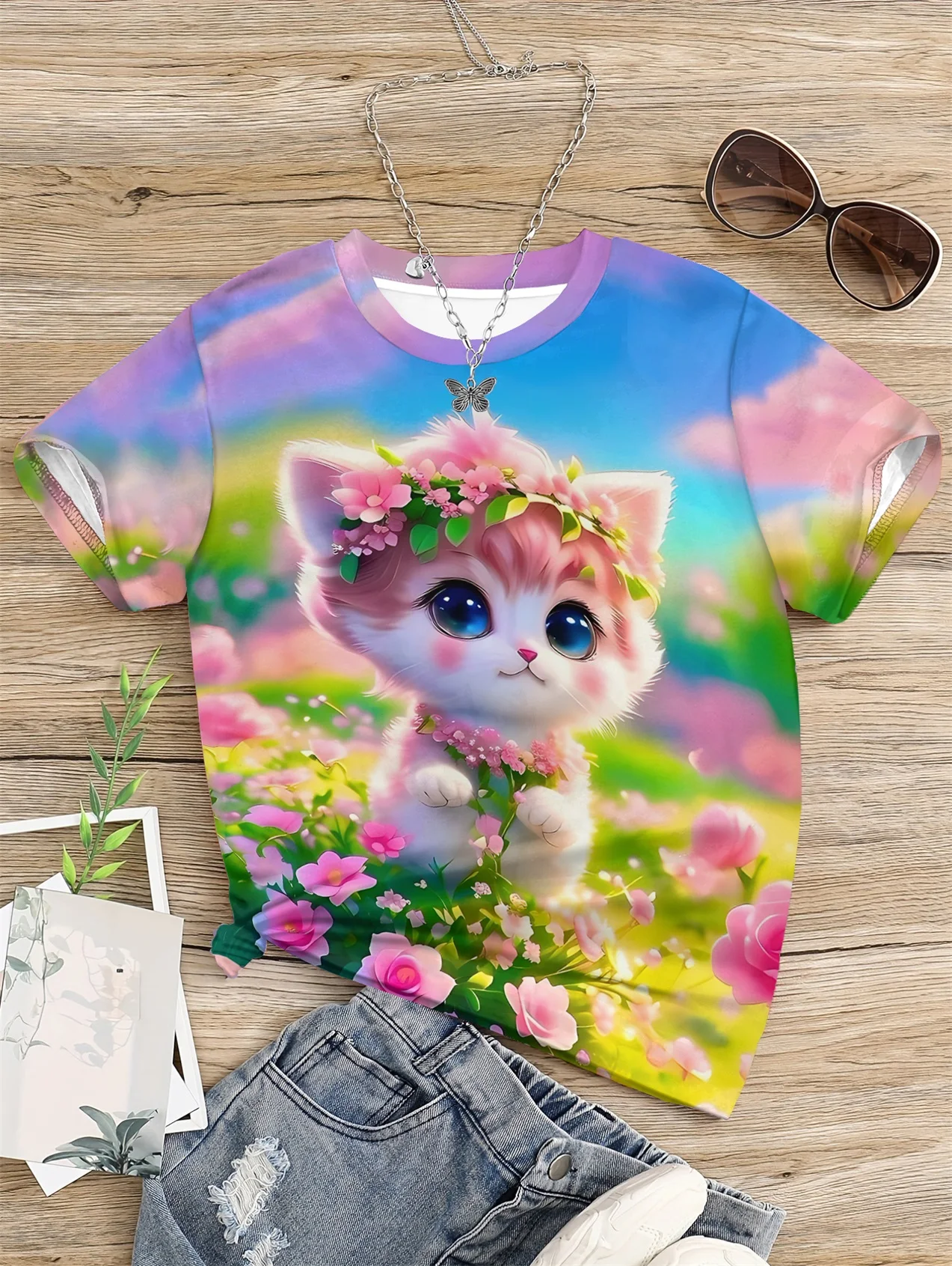 Футболка для девочек 5-14 лет милый живой топ с принтом кота коротким рукавом