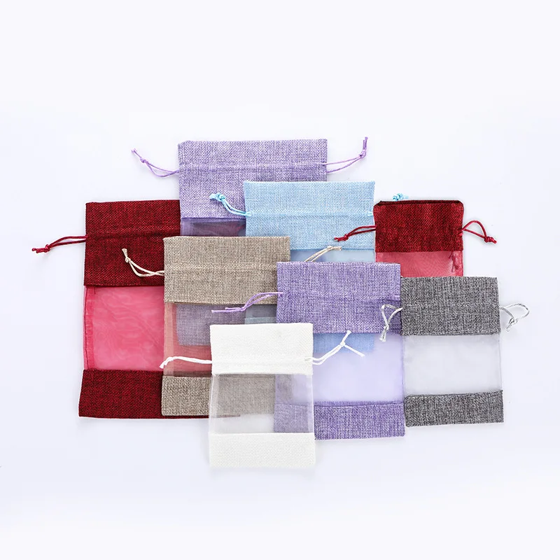 

25 10x14cm13x18 16x23cm Double Organza Hand-made Burlap Bags Visual Drawable Jewelry Bag With Wedding Candy Christmas Gift Bags